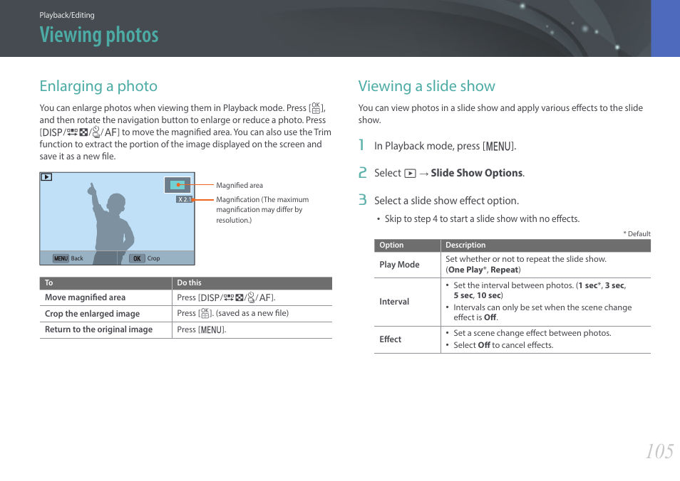 Viewing photos, Enlarging a photo, Viewing a slide show | Enlarging a photo viewing a slide show | Samsung EV-NX3000BOIUS User Manual | Page 106 / 186