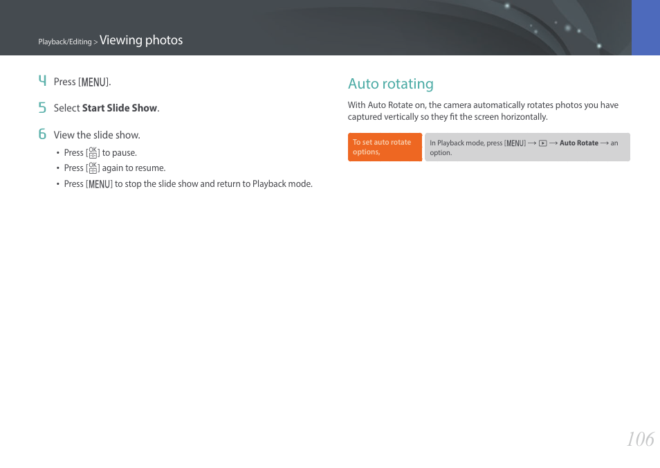 Auto rotating, Viewing photos 4 | Samsung EV-NX3000BOIUS User Manual | Page 107 / 186