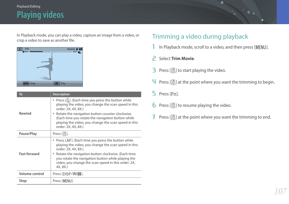 Playing videos, Trimming a video during playback | Samsung EV-NX3000BOIUS User Manual | Page 108 / 186