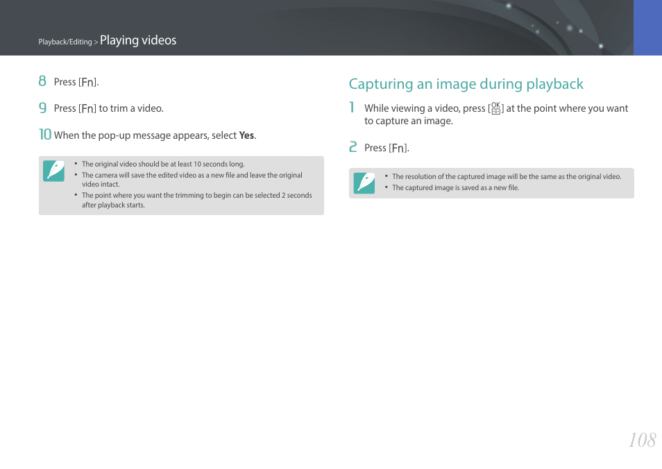 Capturing an image during playback, Playing videos 8 | Samsung EV-NX3000BOIUS User Manual | Page 109 / 186
