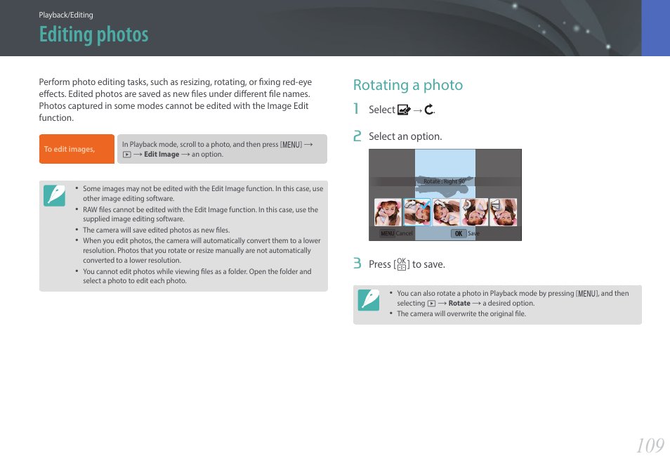 Editing photos, Rotating a photo | Samsung EV-NX3000BOIUS User Manual | Page 110 / 186