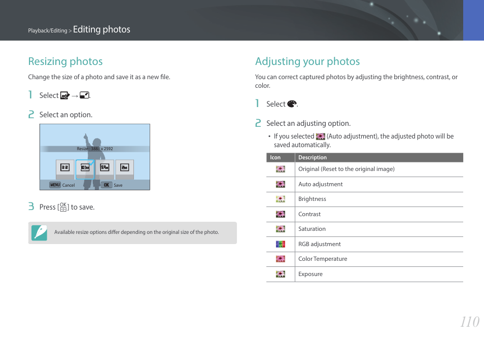 Resizing photos, Adjusting your photos, Resizing photos adjusting your photos | Editing photos | Samsung EV-NX3000BOIUS User Manual | Page 111 / 186