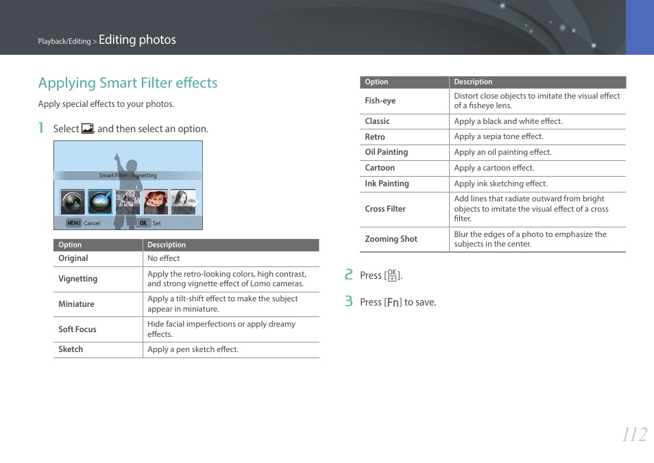 Applying smart filter effects, Editing photos | Samsung EV-NX3000BOIUS User Manual | Page 113 / 186