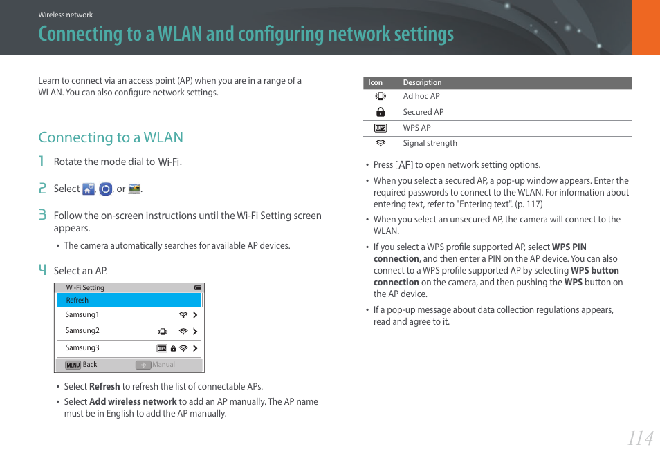 Connecting to a wlan | Samsung EV-NX3000BOIUS User Manual | Page 115 / 186