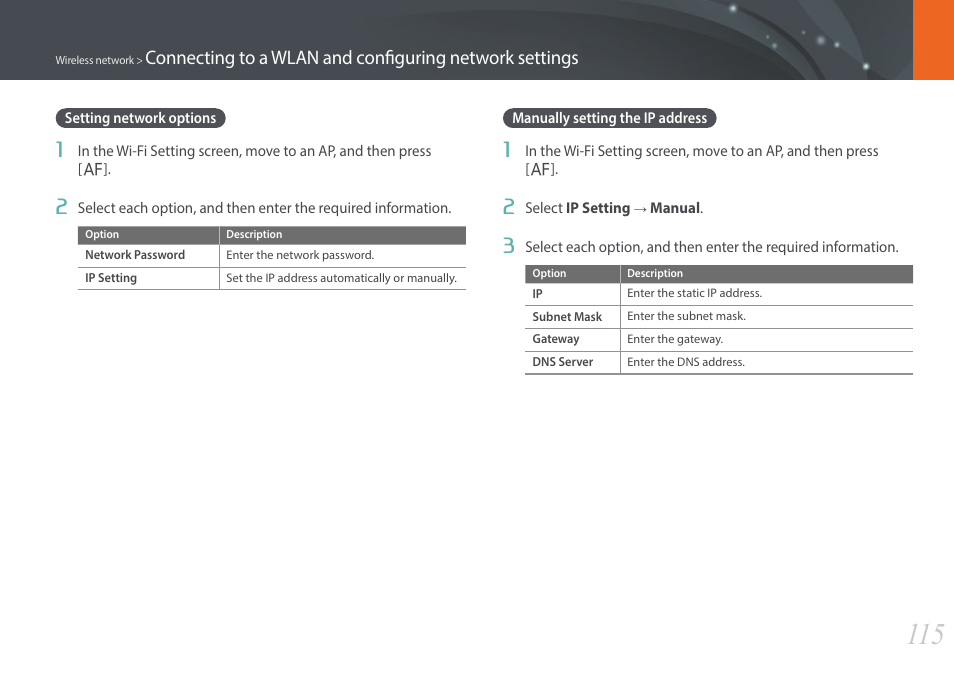 Setting network options, Manually setting the ip address | Samsung EV-NX3000BOIUS User Manual | Page 116 / 186