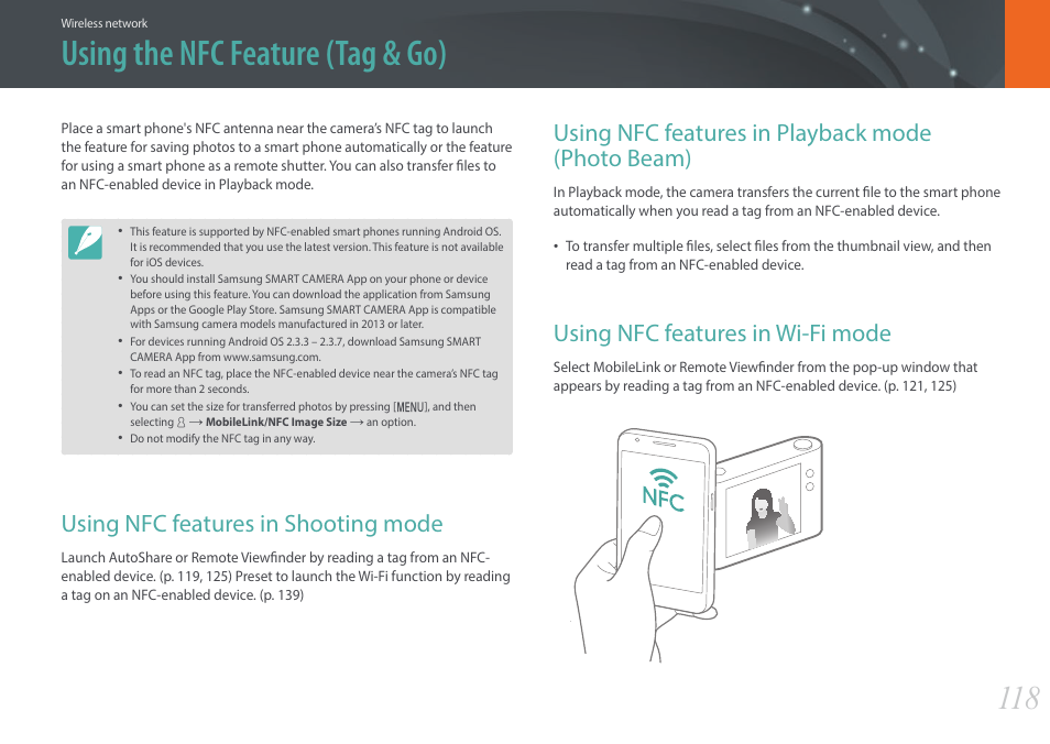 Using the nfc feature (tag & go), Using nfc features in shooting mode, Using nfc features in playback mode (photo beam) | Using nfc features in wi-fi mode | Samsung EV-NX3000BOIUS User Manual | Page 119 / 186