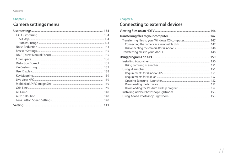 Connecting to external devices, Camera settings menu | Samsung EV-NX3000BOIUS User Manual | Page 12 / 186