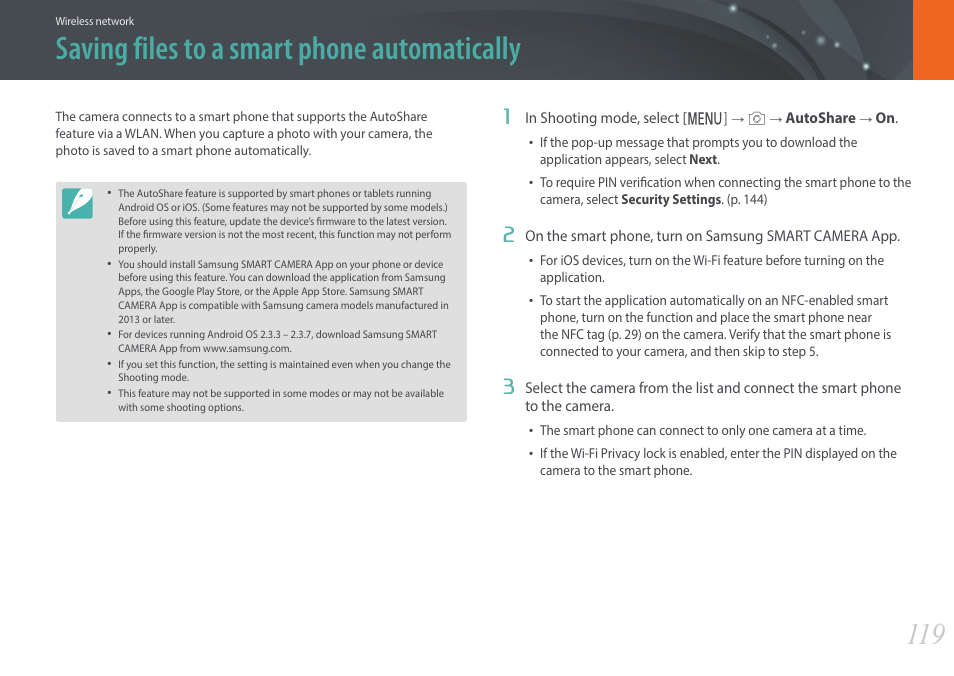 Saving files to a smart phone automatically | Samsung EV-NX3000BOIUS User Manual | Page 120 / 186