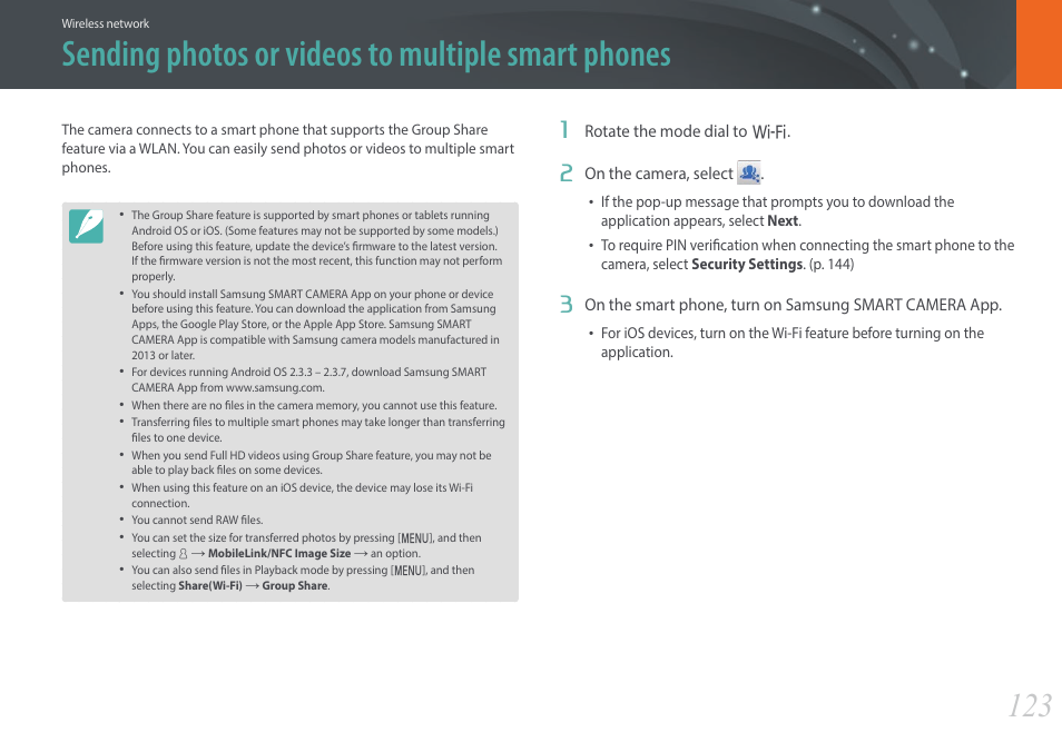 Sending photos or videos to multiple smart phones | Samsung EV-NX3000BOIUS User Manual | Page 124 / 186