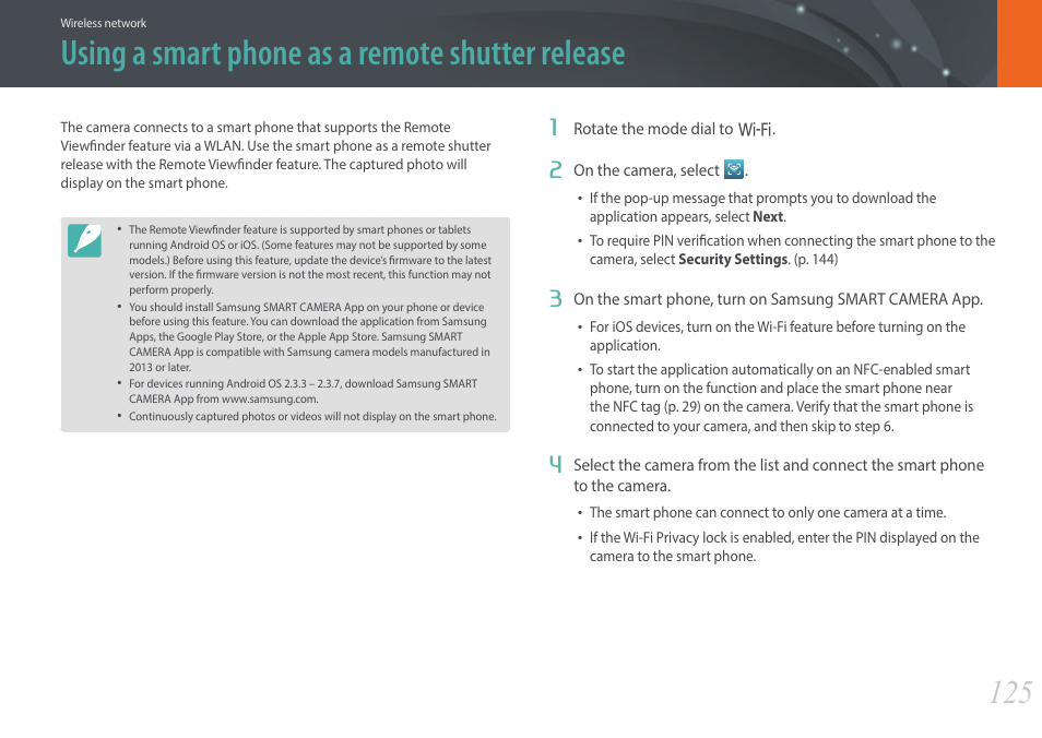 Using a smart phone as a remote shutter release | Samsung EV-NX3000BOIUS User Manual | Page 126 / 186