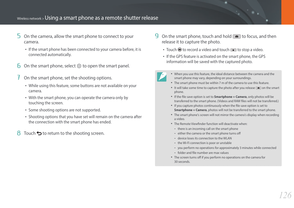 Using a smart phone as a remote shutter release 5 | Samsung EV-NX3000BOIUS User Manual | Page 127 / 186