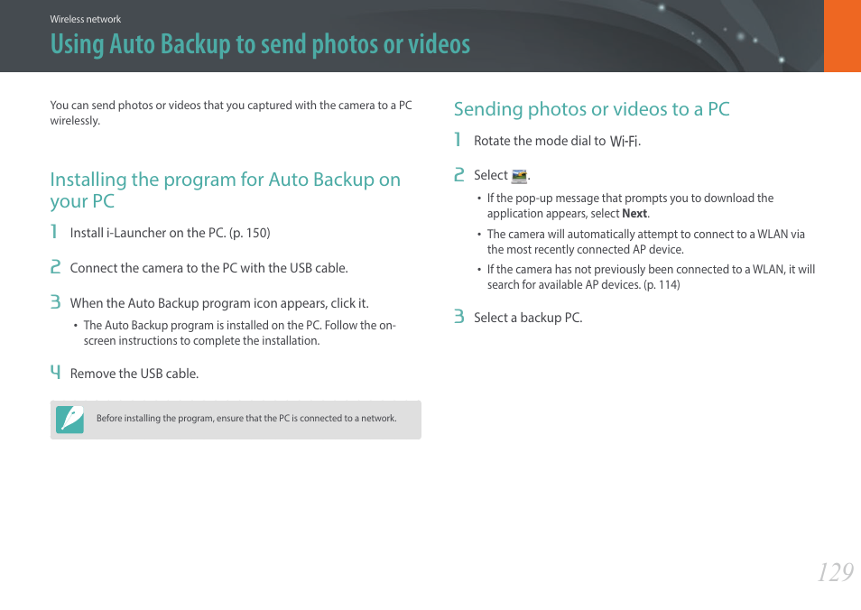 Using auto backup to send photos or videos, Installing the program for auto backup on your pc, Sending photos or videos to a pc | Samsung EV-NX3000BOIUS User Manual | Page 130 / 186