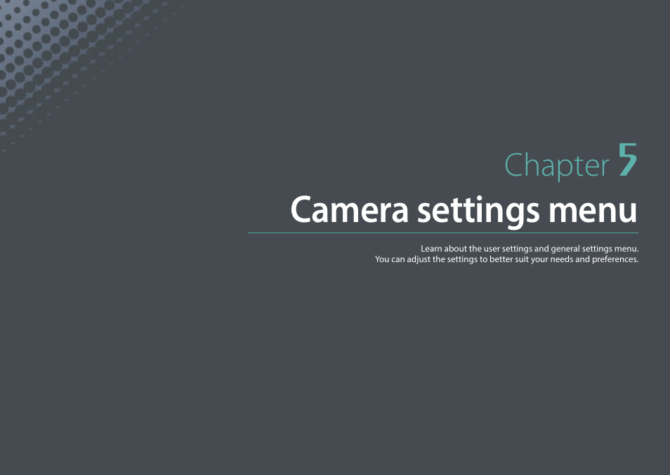 Chapter 5, Camera settings menu, Chapter | Samsung EV-NX3000BOIUS User Manual | Page 134 / 186
