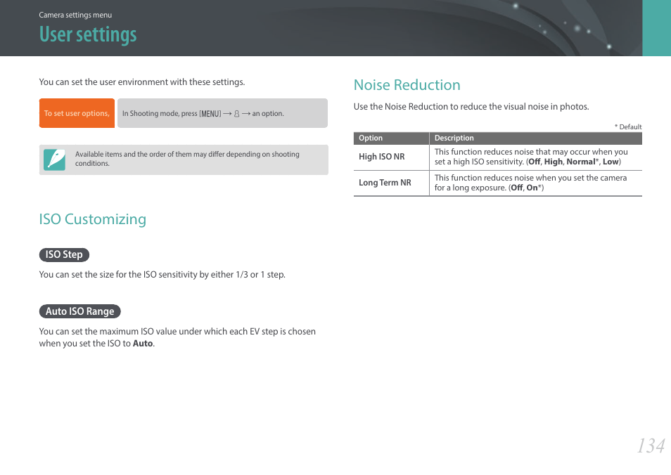 User settings, Iso customizing, Iso step | Auto iso range, Noise reduction, Iso step auto iso range | Samsung EV-NX3000BOIUS User Manual | Page 135 / 186
