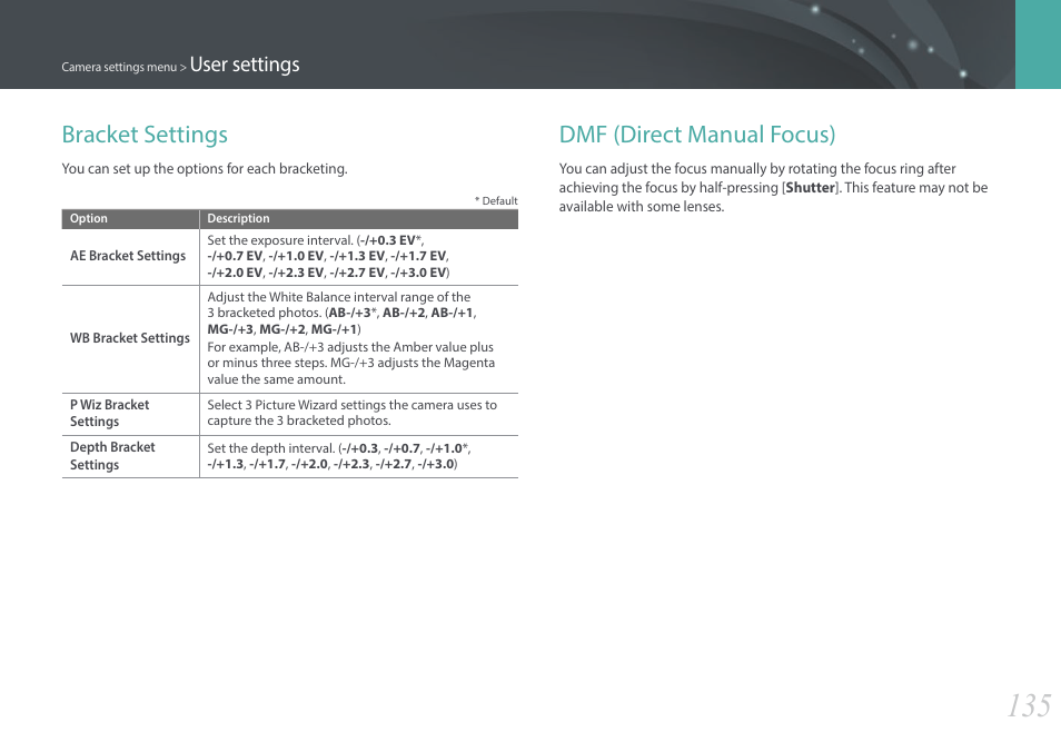 Bracket settings, Dmf (direct manual focus), Bracket settings dmf (direct manual focus) | User settings | Samsung EV-NX3000BOIUS User Manual | Page 136 / 186