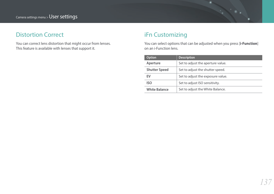 Distortion correct, Ifn customizing, Distortion correct ifn customizing | User settings | Samsung EV-NX3000BOIUS User Manual | Page 138 / 186