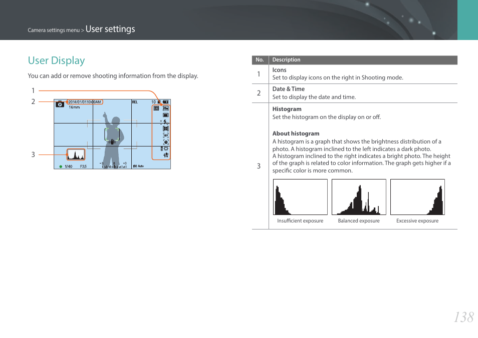 User display, User settings | Samsung EV-NX3000BOIUS User Manual | Page 139 / 186