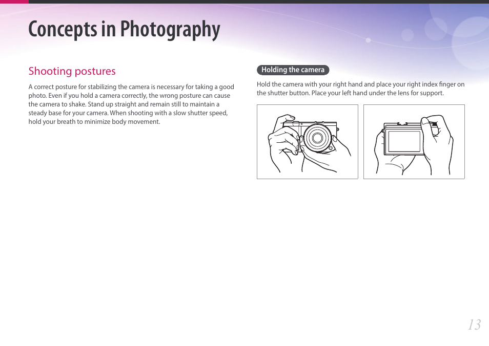 Tips, Concepts in photography, Shooting postures | Holding the camera | Samsung EV-NX3000BOIUS User Manual | Page 14 / 186