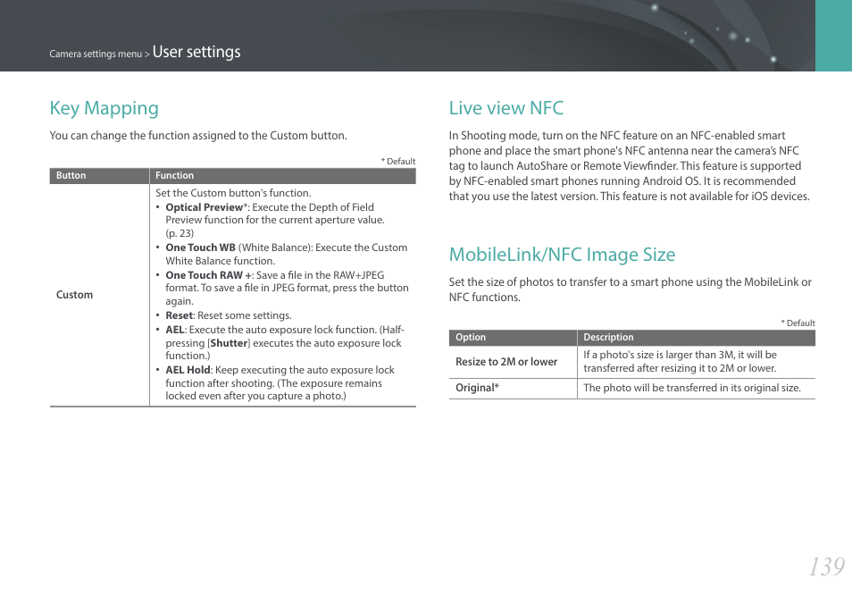 Key mapping, Live view nfc, Mobilelink/nfc image size | User settings | Samsung EV-NX3000BOIUS User Manual | Page 140 / 186