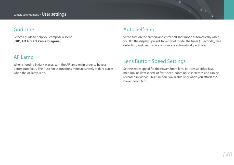 Grid line, Af lamp, Auto self-shot | Lens button speed settings | Samsung EV-NX3000BOIUS User Manual | Page 141 / 186