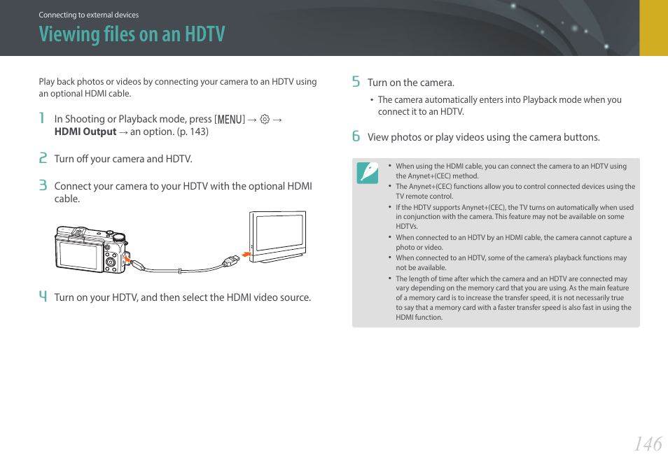 Viewing files on an hdtv | Samsung EV-NX3000BOIUS User Manual | Page 147 / 186