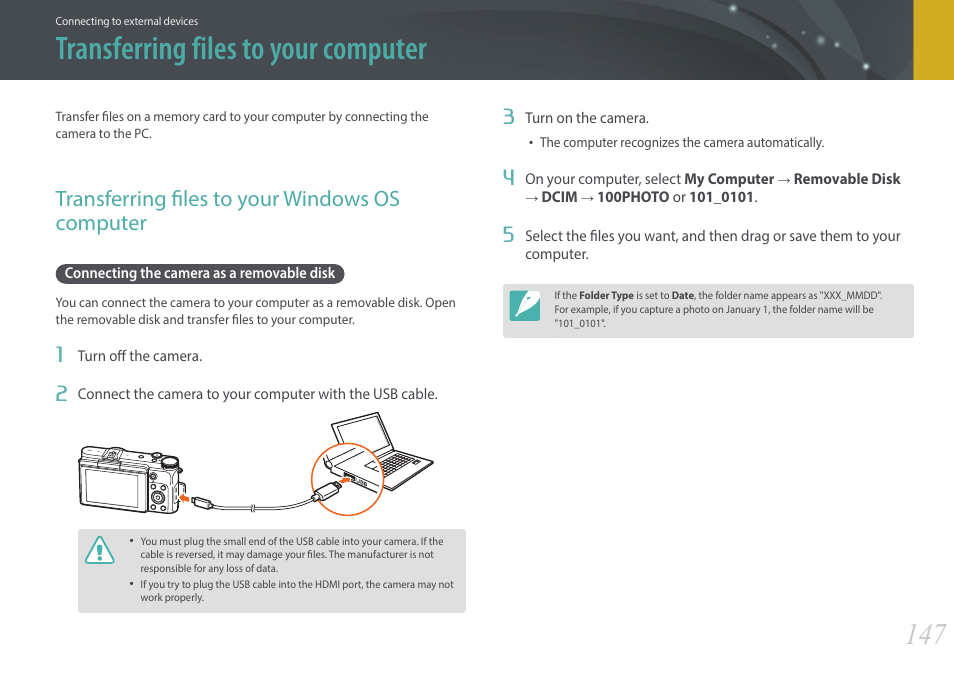 Transferring files to your computer, Transferring files to your windows os computer, Connecting the camera as a removable disk | Samsung EV-NX3000BOIUS User Manual | Page 148 / 186