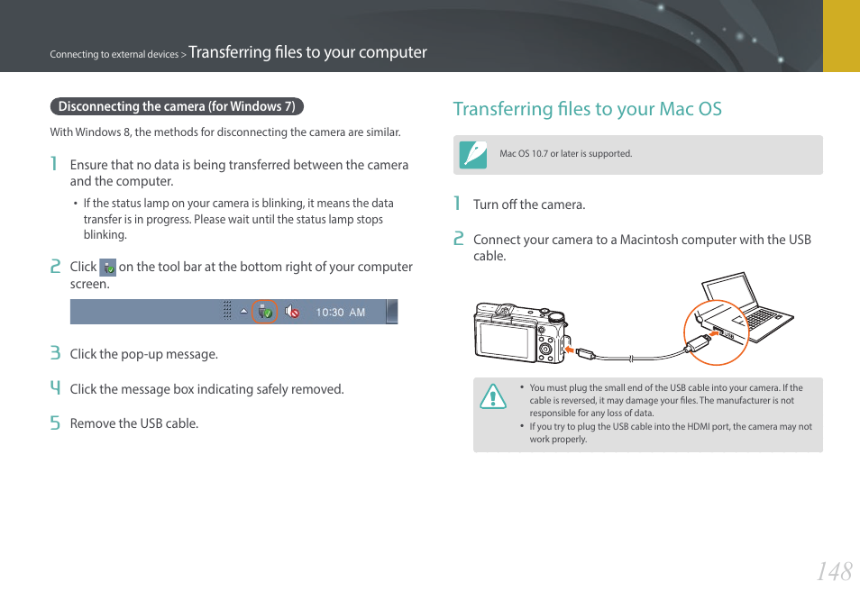 Disconnecting the camera (for windows 7), Transferring files to your mac os | Samsung EV-NX3000BOIUS User Manual | Page 149 / 186