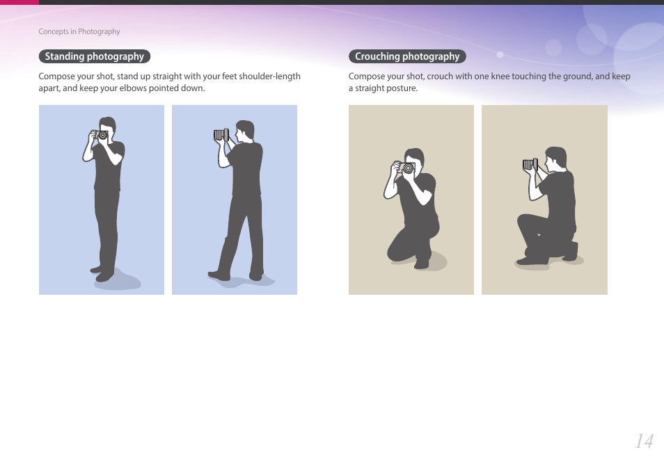 Standing photography, Crouching photography, Standing photography crouching photography | Samsung EV-NX3000BOIUS User Manual | Page 15 / 186