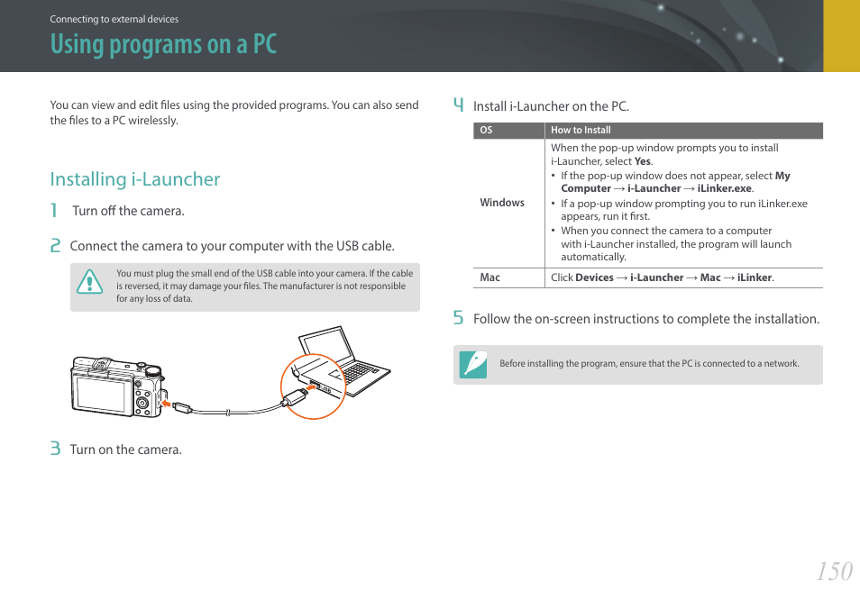 Using programs on a pc, Installing i-launcher | Samsung EV-NX3000BOIUS User Manual | Page 151 / 186