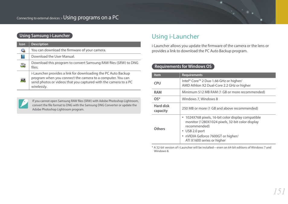 Using samsung i-launcher, Using i-launcher, Requirements for windows os | Using programs on a pc | Samsung EV-NX3000BOIUS User Manual | Page 152 / 186