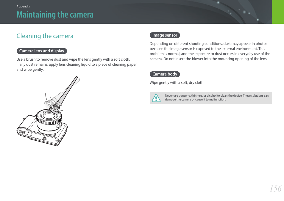 Maintaining the camera, Cleaning the camera, Camera lens and display | Image sensor, Camera body, Camera lens and display image sensor camera body | Samsung EV-NX3000BOIUS User Manual | Page 157 / 186