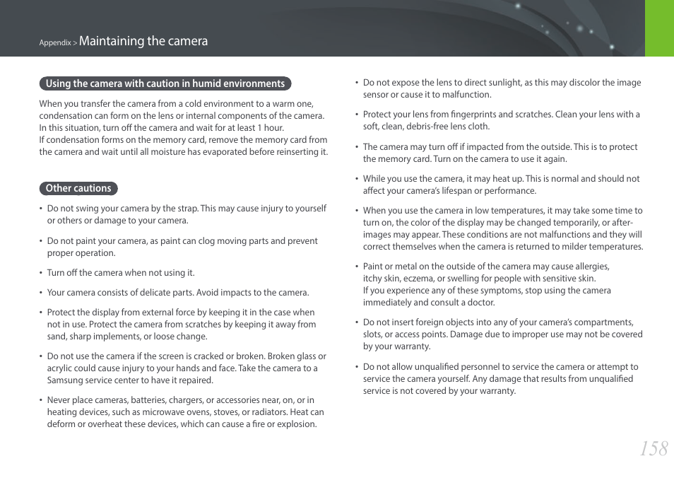 Other cautions, Maintaining the camera | Samsung EV-NX3000BOIUS User Manual | Page 159 / 186