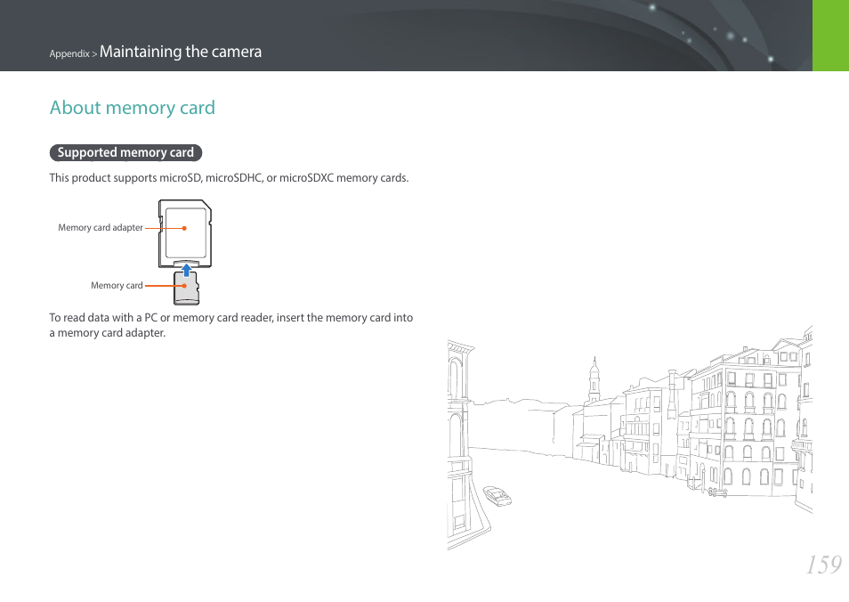 About memory card, Supported memory card | Samsung EV-NX3000BOIUS User Manual | Page 160 / 186