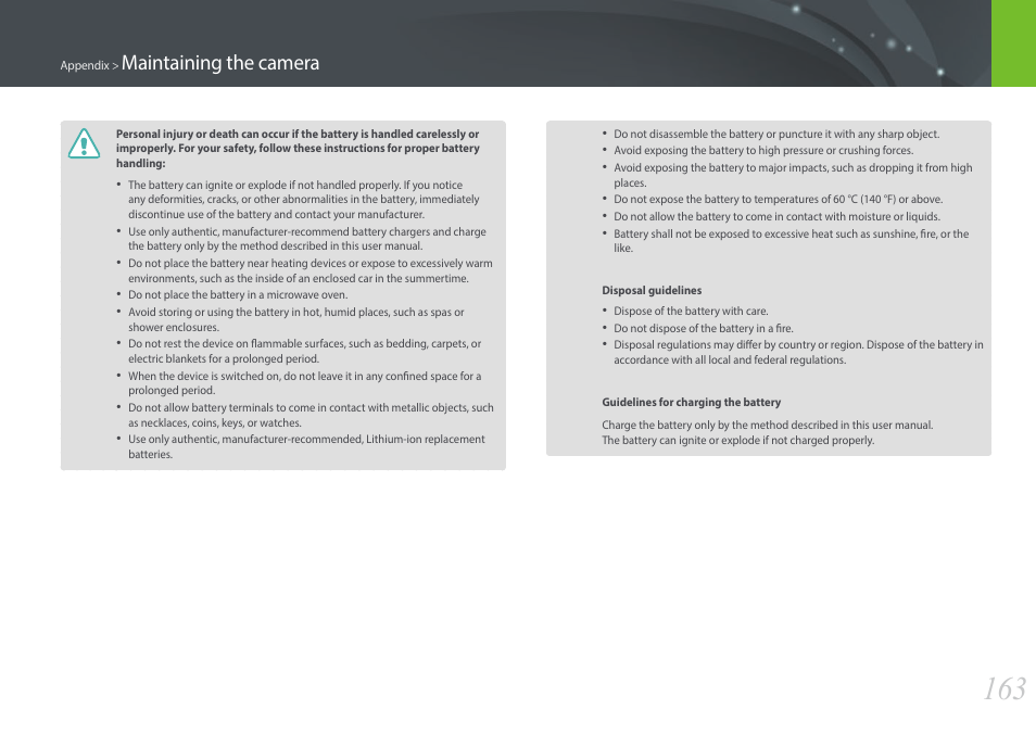 Maintaining the camera | Samsung EV-NX3000BOIUS User Manual | Page 164 / 186