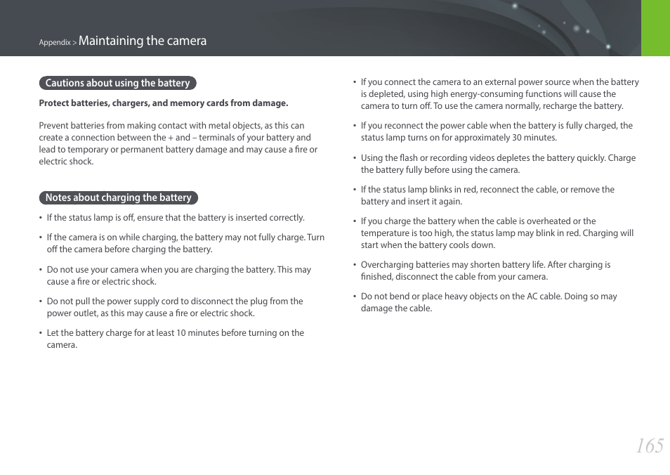 Cautions about using the battery, Notes about charging the battery, Maintaining the camera | Samsung EV-NX3000BOIUS User Manual | Page 166 / 186