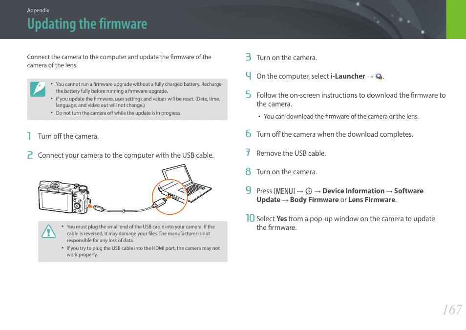 Updating the firmware | Samsung EV-NX3000BOIUS User Manual | Page 168 / 186