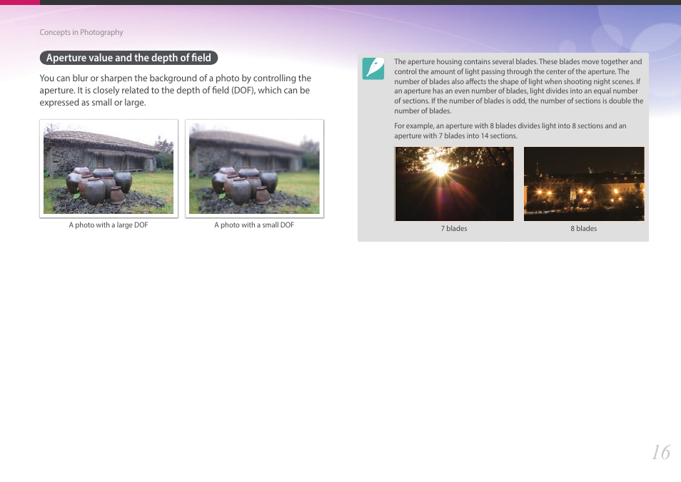 Aperture value and the depth of field | Samsung EV-NX3000BOIUS User Manual | Page 17 / 186