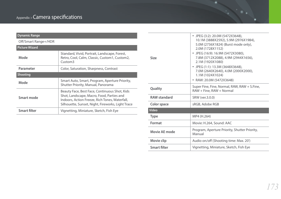 Camera specifications | Samsung EV-NX3000BOIUS User Manual | Page 174 / 186