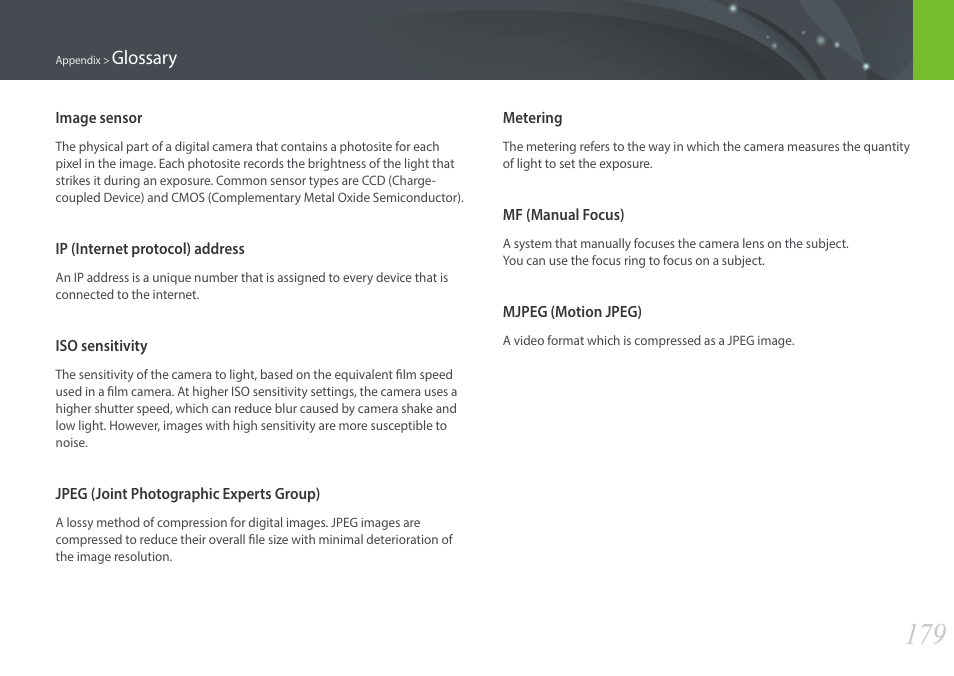 Glossary | Samsung EV-NX3000BOIUS User Manual | Page 180 / 186