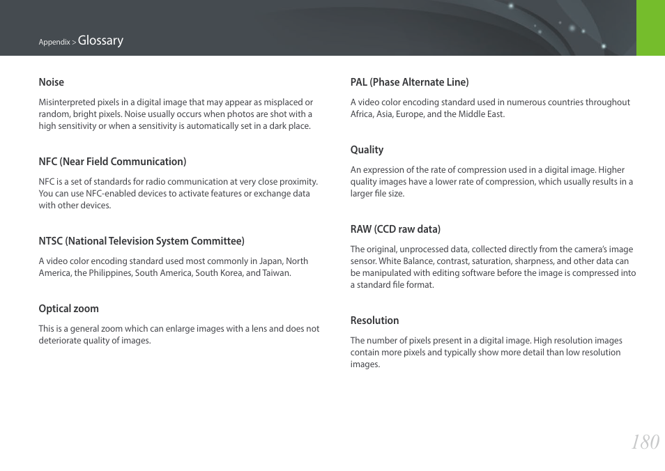 Glossary | Samsung EV-NX3000BOIUS User Manual | Page 181 / 186