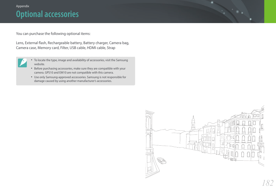 Optional accessories | Samsung EV-NX3000BOIUS User Manual | Page 183 / 186