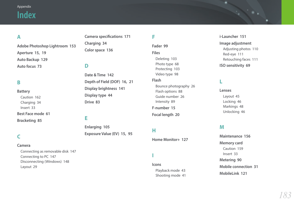Index | Samsung EV-NX3000BOIUS User Manual | Page 184 / 186