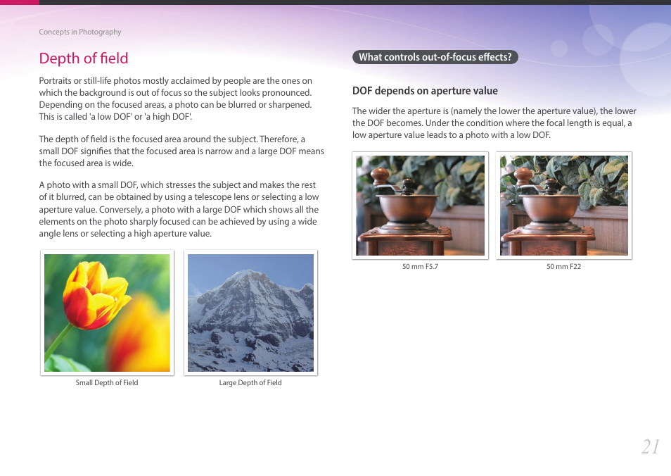 Depth of field, What controls out-of-focus effects | Samsung EV-NX3000BOIUS User Manual | Page 22 / 186