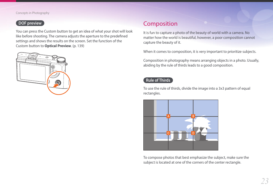 Dof preview, Composition, Rule of thirds | Samsung EV-NX3000BOIUS User Manual | Page 24 / 186
