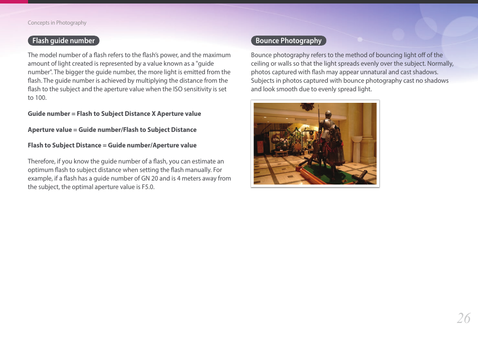 Flash guide number, Bounce photography, Flash guide number bounce photography | Samsung EV-NX3000BOIUS User Manual | Page 27 / 186
