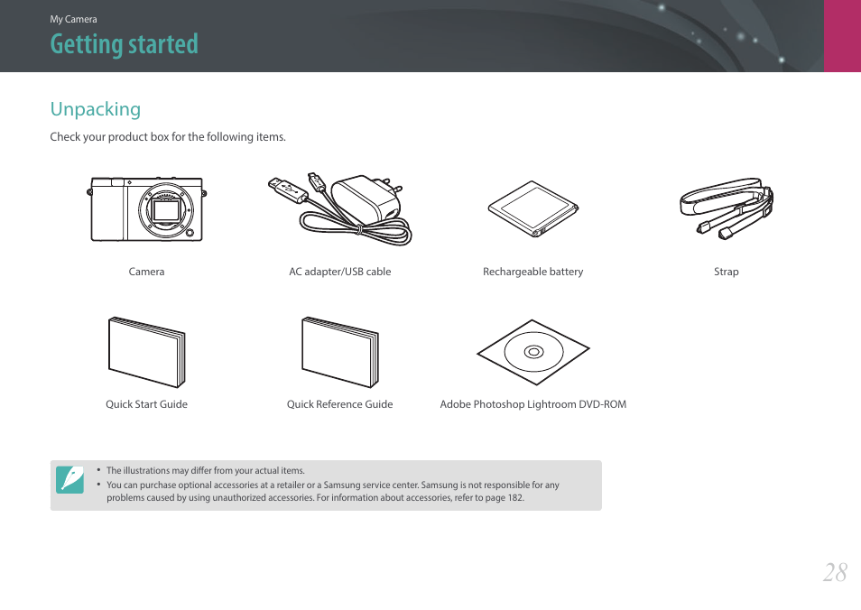 Getting started, Unpacking | Samsung EV-NX3000BOIUS User Manual | Page 29 / 186