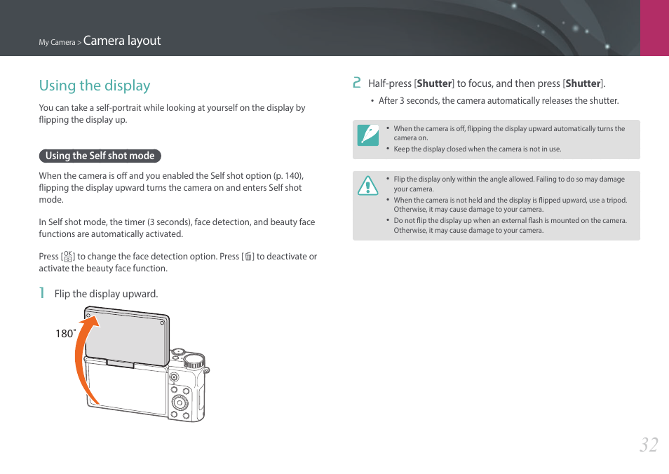 Using the display, Using the self shot mode, Camera layout | Samsung EV-NX3000BOIUS User Manual | Page 33 / 186