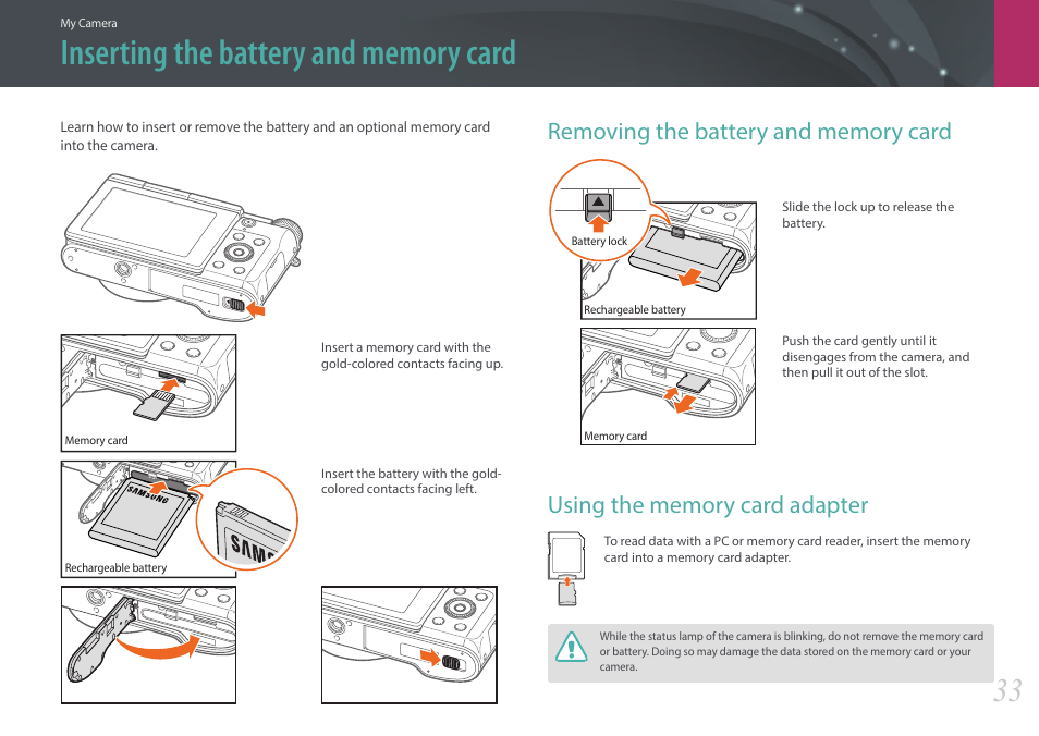 Inserting the battery and memory card, Removing the battery and memory card, Using the memory card adapter | Samsung EV-NX3000BOIUS User Manual | Page 34 / 186