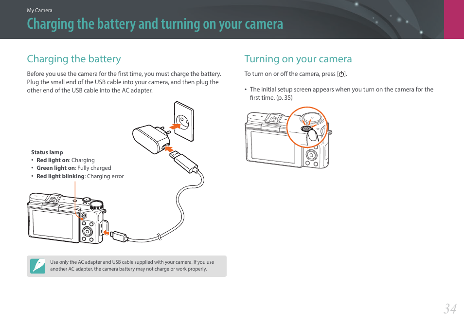 Charging the battery and turning on your camera, Charging the battery, Turning on your camera | Charging the battery turning on your camera | Samsung EV-NX3000BOIUS User Manual | Page 35 / 186