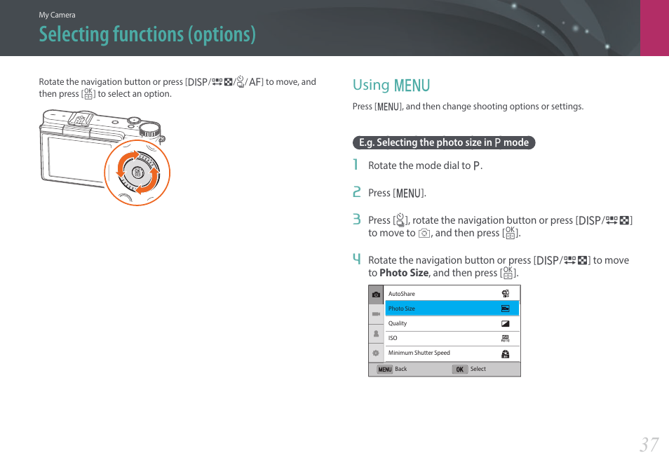 Selecting functions (options), Using menu, E.g. selecting the photo size in p mode | Using m | Samsung EV-NX3000BOIUS User Manual | Page 38 / 186